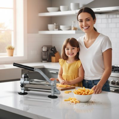 coupe frites cuisine moderne mĂšre fille souriantes plat frites