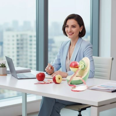 epluche pomme portable au bureau femme souriante et élégante