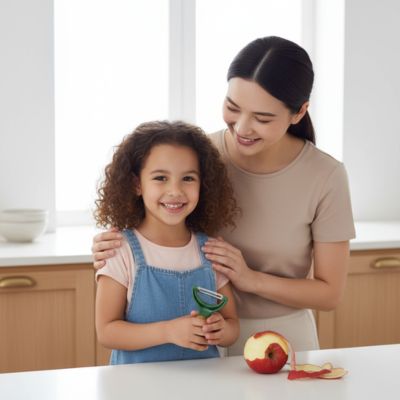 eplucheur légumes design pomme de terre mère et fille souriantes cuisine