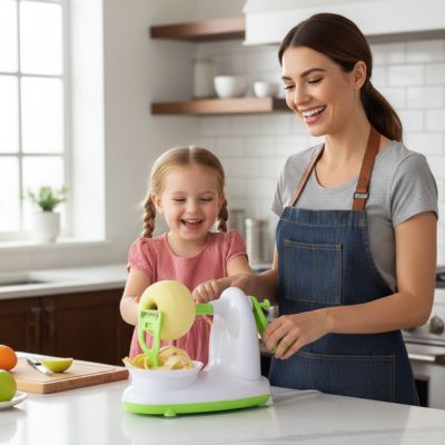 pele pomme dans une cuisine élégante mère souriante avec fille