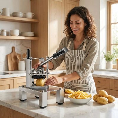 appareil pour couper des frites pratique femme souriante cuisine