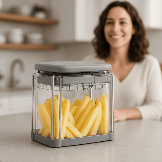 coupe frite manuel frites parfaites uniformes femme souriante cuisine élégante