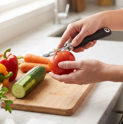 économe à tomates acier inoxydable plan de travail cuisine