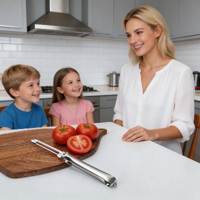 eplucheur tomate femme souriante enfants cuisine